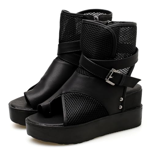 Women's Leather Platform Wedge High-Top Roman Sandals Comfortable Breathable Mesh Open Toe Clip Toe Side Zipper Metal Buckle