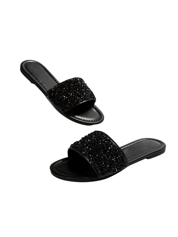 Women's Sparkly Flat Sandals Strappy Slip on Open Toe Slide Sandals Lightweight Slippers