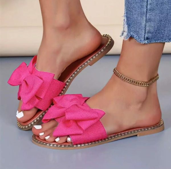 Women's Bow Knot Slides Open Toe Flat Sandals Summer Slip On Slippers