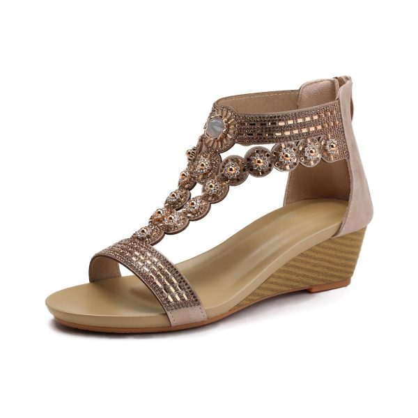 Wedge Sandals for Women Bohemia Rhinestone Open Toe Roman Heel Zipper Summer Dressy Women's Beach Casual Shoes