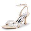 Womens Pearl Kitten Heels Sandals Square Open Toe Dress Sandals Ankle Strap Satin Wedding Party Summer Sandals