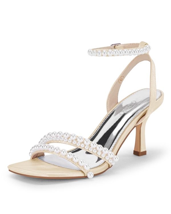 Womens Pearl Kitten Heels Sandals Square Open Toe Dress Sandals Ankle Strap Satin Wedding Party Summer Sandals