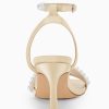 Womens Pearl Kitten Heels Sandals Square Open Toe Dress Sandals Ankle Strap Satin Wedding Party Summer Sandals