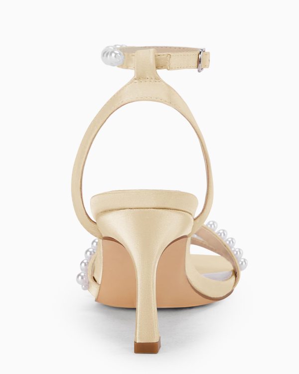 Womens Pearl Kitten Heels Sandals Square Open Toe Dress Sandals Ankle Strap Satin Wedding Party Summer Sandals