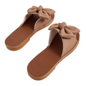 Women's Open Toe Flat Sandals Bow Knot Slides Leather Summer Slippers