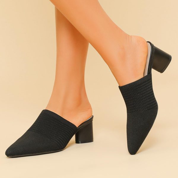 Women’s Knit Closed Pointed Toe Chunky Heel Mules Fashion Mesh Breathable Low Block Heel Pump Sandals Comfortable Slip On Dress