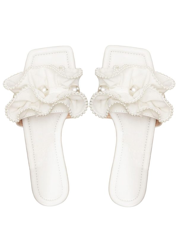 Women's Ruffle Pearl Sandals Square Toe Slip on Slides Summer Slippers
