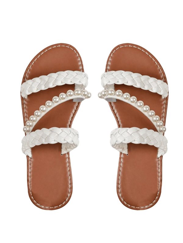 Women's Pearls Braided Flat Sandals Open Toe Slip On Beach Slides