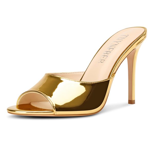 Womens Stiletto High Heel Peep Open Toe Sandals Mules Shoes Slingback Slip-on Prom Party Dress Patent Leather 3.9 Inches Heels