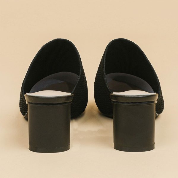 Women’s Knit Closed Pointed Toe Chunky Heel Mules Fashion Mesh Breathable Low Block Heel Pump Sandals Comfortable Slip On Dress