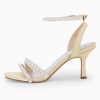 Womens Pearl Kitten Heels Sandals Square Open Toe Dress Sandals Ankle Strap Satin Wedding Party Summer Sandals