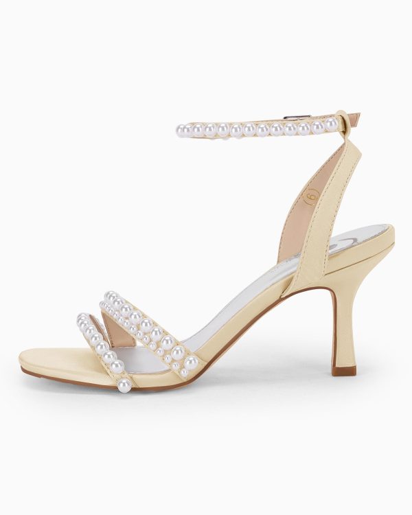 Womens Pearl Kitten Heels Sandals Square Open Toe Dress Sandals Ankle Strap Satin Wedding Party Summer Sandals