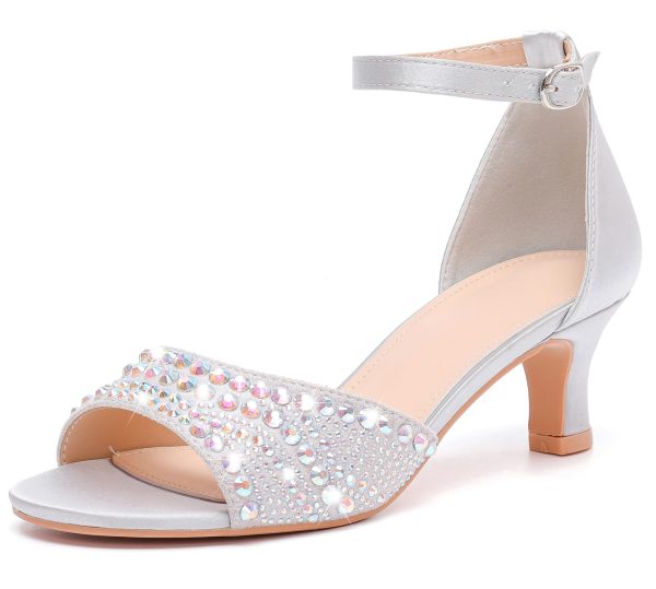 Women's Dressy Rhinestone Low Kitten Heel Ankle Strap Open Toe Sandals Dress Shoes Pump Sandals for Wedding Party Evening