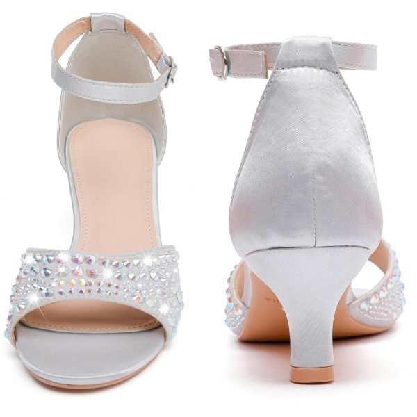 Women's Dressy Rhinestone Low Kitten Heel Ankle Strap Open Toe Sandals Dress Shoes Pump Sandals for Wedding Party Evening