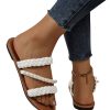 Women's Pearls Braided Flat Sandals Open Toe Slip On Beach Slides