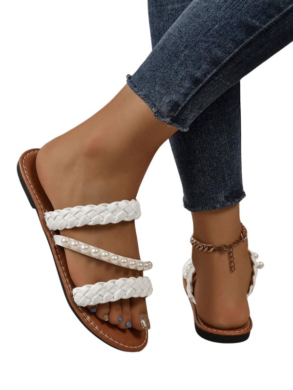 Women's Pearls Braided Flat Sandals Open Toe Slip On Beach Slides