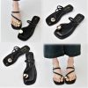 Women's Leather Strappy Flat Metal Toe Ring Sandals Fashionable Square Open Toe Low Block Heel Slip-On Clip Toe Slide Sandals