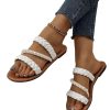 Women's Pearls Braided Flat Sandals Open Toe Slip On Beach Slides
