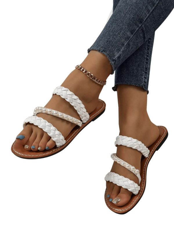 Women's Pearls Braided Flat Sandals Open Toe Slip On Beach Slides