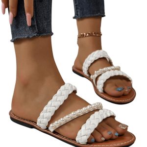 Women's Pearls Braided Flat Sandals Open Toe Slip On Beach Slides