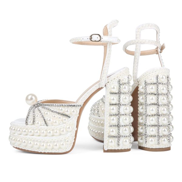 Women's Platform High Heels Square Open Toe Pearl Heels Buckle Rhinestones Summer Elegant Sandals
