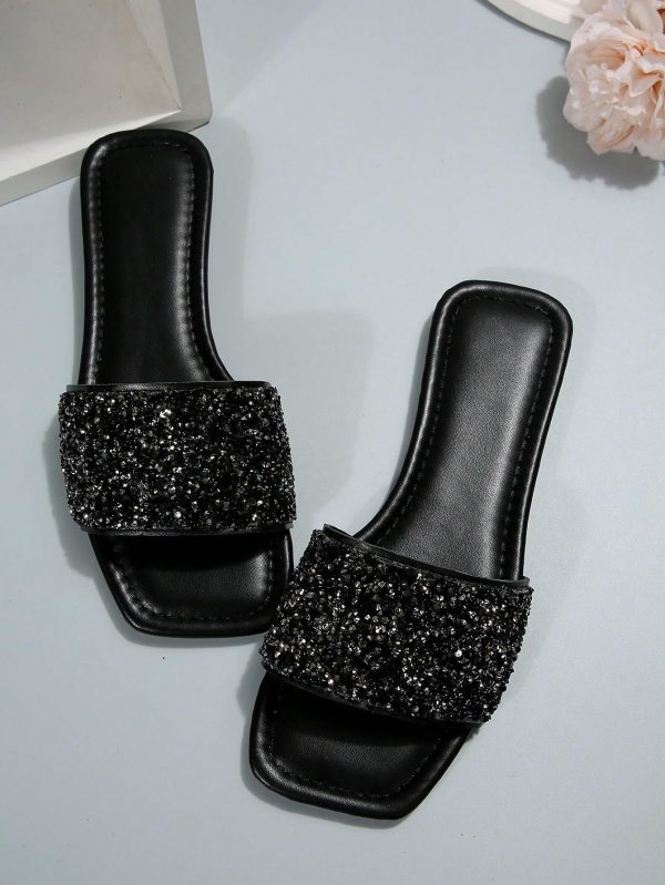 Women's Rhinestone Sandals Glitter Casual Sandal Flats Open Toe Sparkle Slides