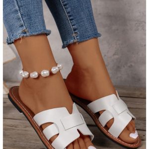Women's Open Toe Flats Sandals Cut Out Slip on Summer Trendy Slide Sandals