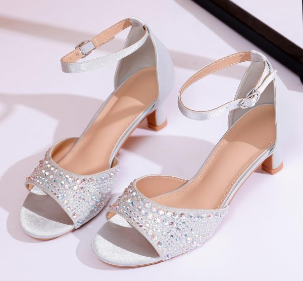 Women's Dressy Rhinestone Low Kitten Heel Ankle Strap Open Toe Sandals Dress Shoes Pump Sandals for Wedding Party Evening