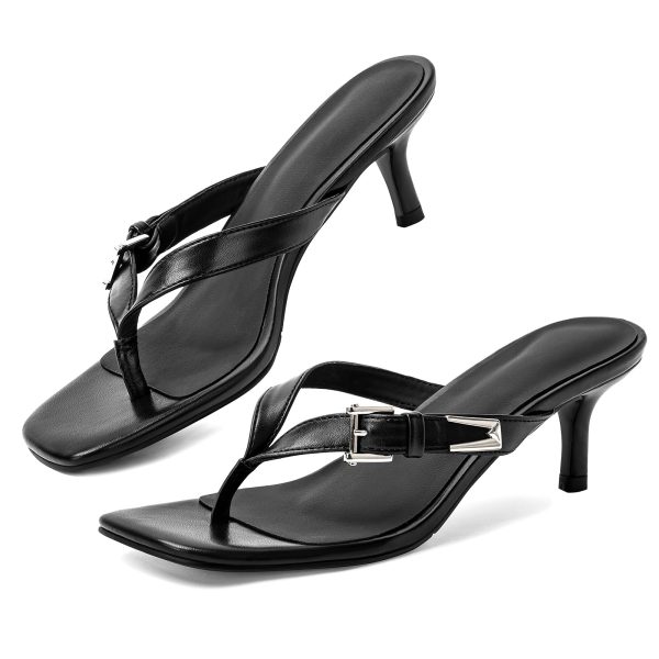 Women Kitten Heels Sandals Square Open Toe Flip Flop Heels Black thong Low heels Widths Adjustable