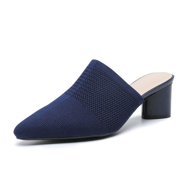 Women’s Knit Closed Pointed Toe Chunky Heel Mules Fashion Mesh Breathable Low Block Heel Pump Sandals Comfortable Slip On Dress