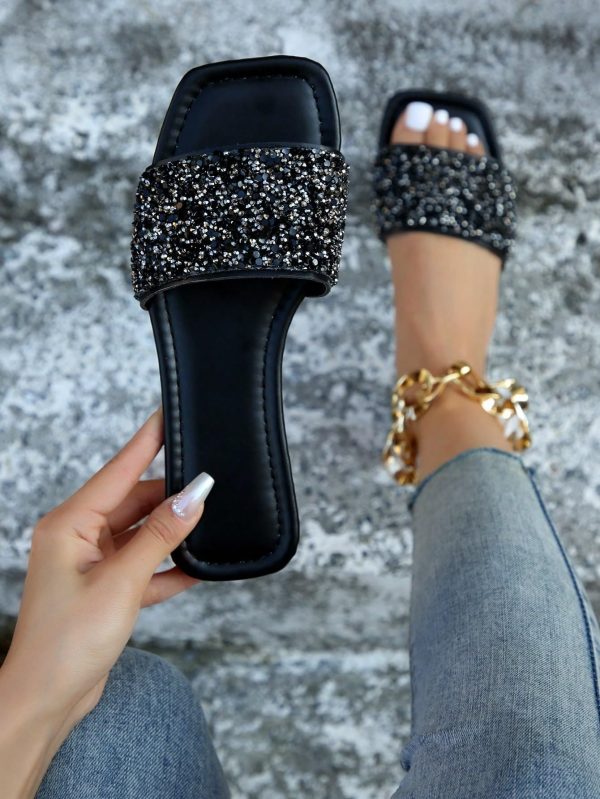 Women's Rhinestone Sandals Glitter Casual Sandal Flats Open Toe Sparkle Slides