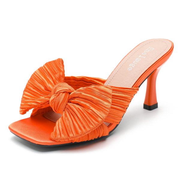 Women's Bow Knot Heeled Sandals Open Toe Low Kitten Heels Mules Sandals Slip On Pleated Wedding Bridal Party Dress Shoes