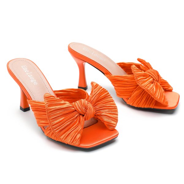 Women's Bow Knot Heeled Sandals Open Toe Low Kitten Heels Mules Sandals Slip On Pleated Wedding Bridal Party Dress Shoes