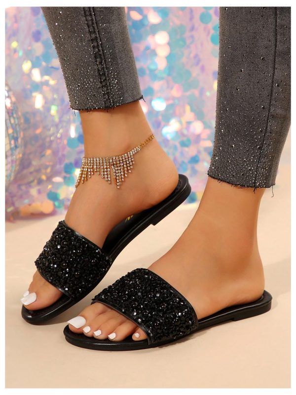 Women's Sparkly Flat Sandals Strappy Slip on Open Toe Slide Sandals Lightweight Slippers