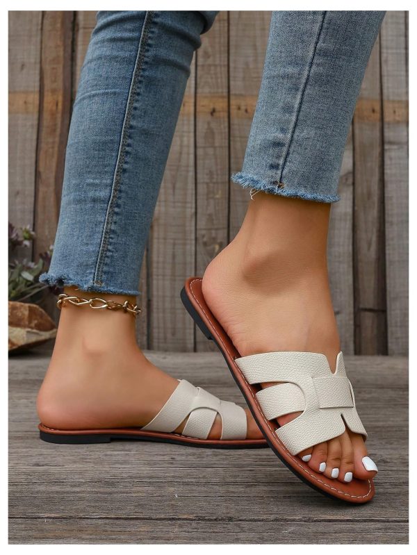 Women's Open Toe Leather Flat Slide Sandals Summer Beach Slipper