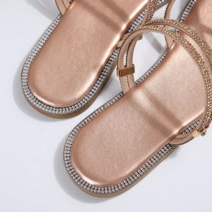 Women's Rhinestone Strappy Open Toe Slide Sandals Slip on Casual Flat Sandals