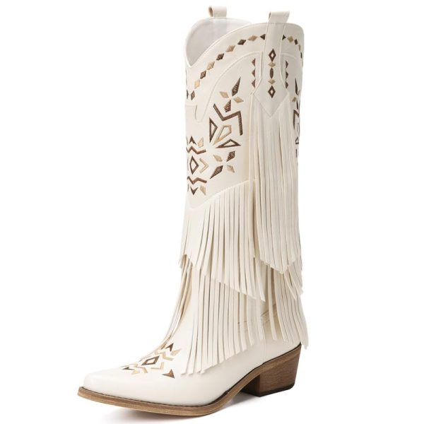 Cowboy Boots for Women - Fringe Knee High Cowgirl Boots with Classic Embroidery, Pointed Toe Pull on Retro Design, Perfect for