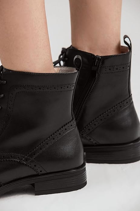 Womens Girl Fall Winter Perforated Square Brogue Leather Oxfords Ankle Boots Black Size:8