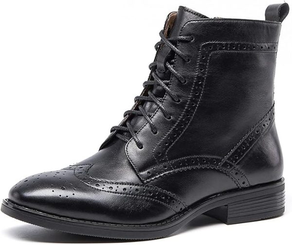 Womens Girl Fall Winter Perforated Square Brogue Leather Oxfords Ankle Boots Black Size:8