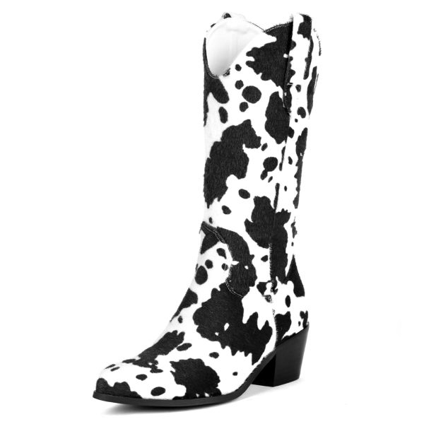 Women Mid Calf Cowboy Boots Chunky Heel Half Boot Cow Print Western Boots Plus size (US 4-12.5)
