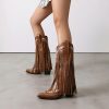 Embroidered Fringe Cowboy Boots for Women, Pull On Mid Calf Chunky Block Heel Pointed Toe Western Cowgirl Boots Riding Country