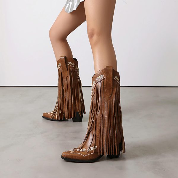 Embroidered Fringe Cowboy Boots for Women, Pull On Mid Calf Chunky Block Heel Pointed Toe Western Cowgirl Boots Riding Country