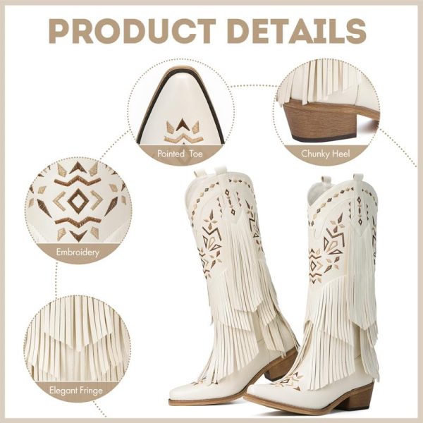 Cowboy Boots for Women - Fringe Knee High Cowgirl Boots with Classic Embroidery, Pointed Toe Pull on Retro Design, Perfect for