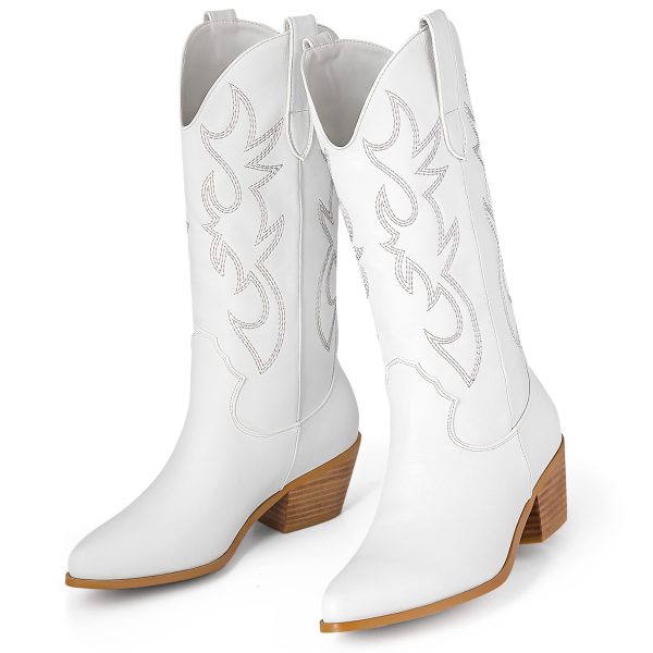 Cowboy Boots for Women Cowgirl Boots Wide Calf Pointed Toe Embroidered Fashion Western Chunky Pull On