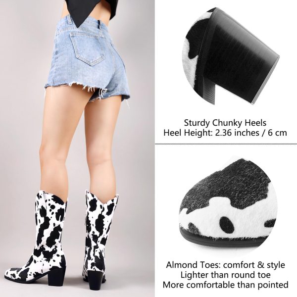 Women Mid Calf Cowboy Boots Chunky Heel Half Boot Cow Print Western Boots Plus size (US 4-12.5)