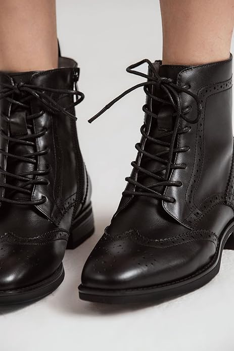 Womens Girl Fall Winter Perforated Square Brogue Leather Oxfords Ankle Boots Black Size:8