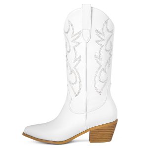 Cowboy Boots for Women Cowgirl Boots Wide Calf Pointed Toe Embroidered Fashion Western Chunky Pull On