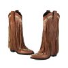 Embroidered Fringe Cowboy Boots for Women, Pull On Mid Calf Chunky Block Heel Pointed Toe Western Cowgirl Boots Riding Country
