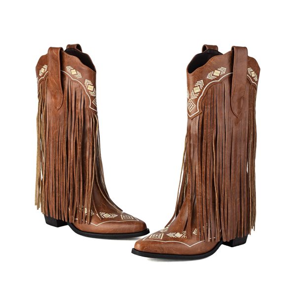 Embroidered Fringe Cowboy Boots for Women, Pull On Mid Calf Chunky Block Heel Pointed Toe Western Cowgirl Boots Riding Country