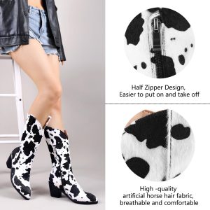 Women Mid Calf Cowboy Boots Chunky Heel Half Boot Cow Print Western Boots Plus size (US 4-12.5)